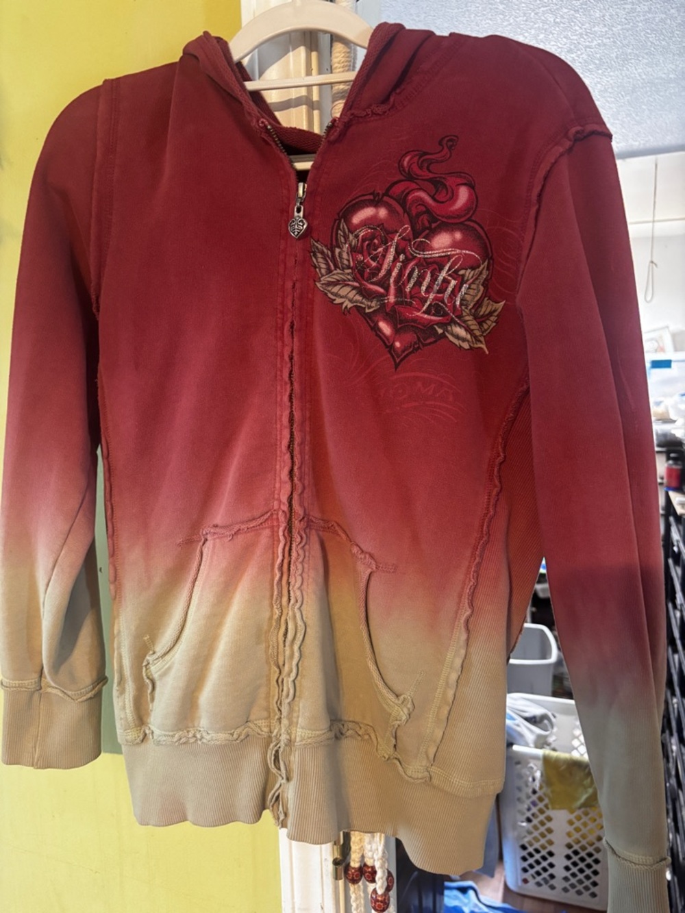 Sinful Red Ombre Zip Hoodie with Heart Graphic